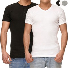 Mens Short Sleeve T-Shirt Grandad Crew V Neck Cotton Muscle Tee Gym Tight Top