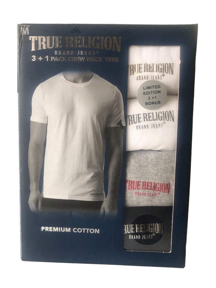 NEW TRUE RELIGION Mens 3 + 1 Pack Crew Neck Tees Cotton Logo Multi Shirts MEDIUM