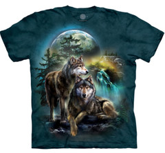 Wolf Lookout Wolves Waterfall Moon Pack Dogs Animal Blue Mountain T-Shirt S-3X