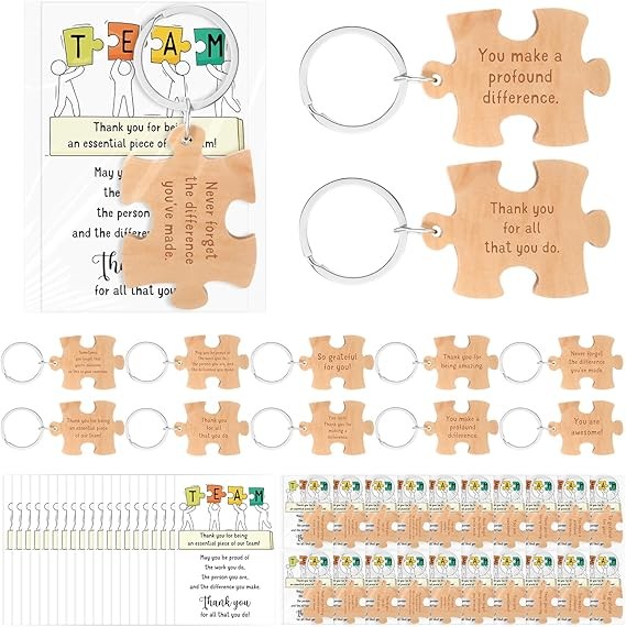 30 Sets Team Appreciation Gifts Wooden Puzzle Piece Keychain with Thank You C…