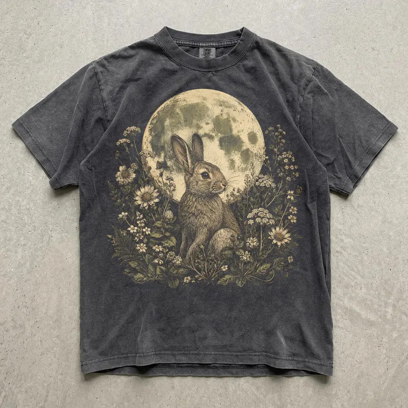 Moonlit Floral Bunny Graphic Comfort Tee Nature Animal Shirt
