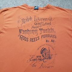 Vintage Polo Ralph Lauren Fishing Tackle Sz 2XL Mens Orange T-Shirt Rods Reels