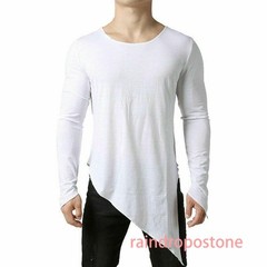 Men Asymmetrical Long Sleeve T Shirt Black White Irregular Hem Gothic Top