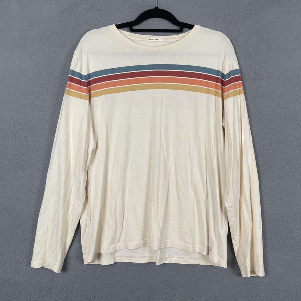Marine Layer Shirt Mens Large White Striped Long Sleeve Crew Neck Relaxed Logo