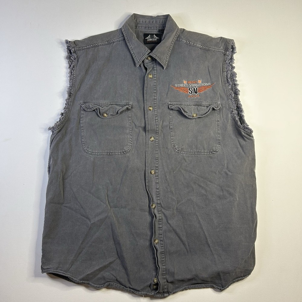 Vtg Y2k Reno Bike Rally 2004 Factory Cut/Sleveless Denim Button Shirt XL