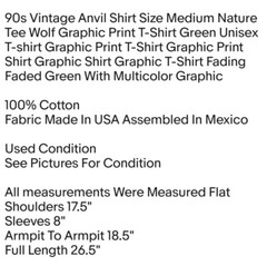 90s Vintage Anvil Shirt Size Medium Nature Tee Wolf Graphic Print T-Shirt Green