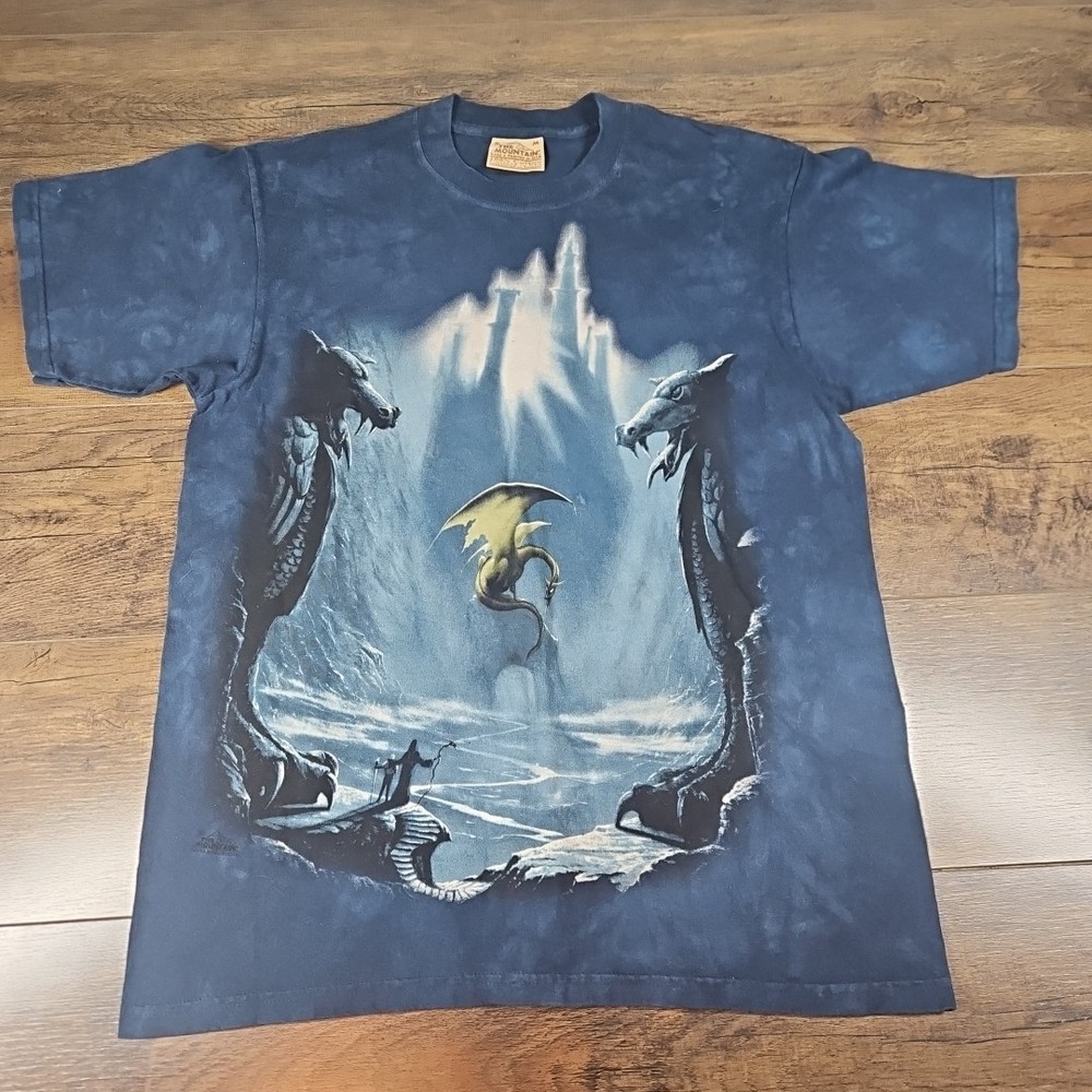 Vintage The Mountain T Shirt Men’s Medium Blue Dragon Wizard Leather Tag