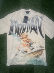 Mixed Emotion Men’s Beige Angel Graphic Rhinestone Crew Neck T-Shirt Size M