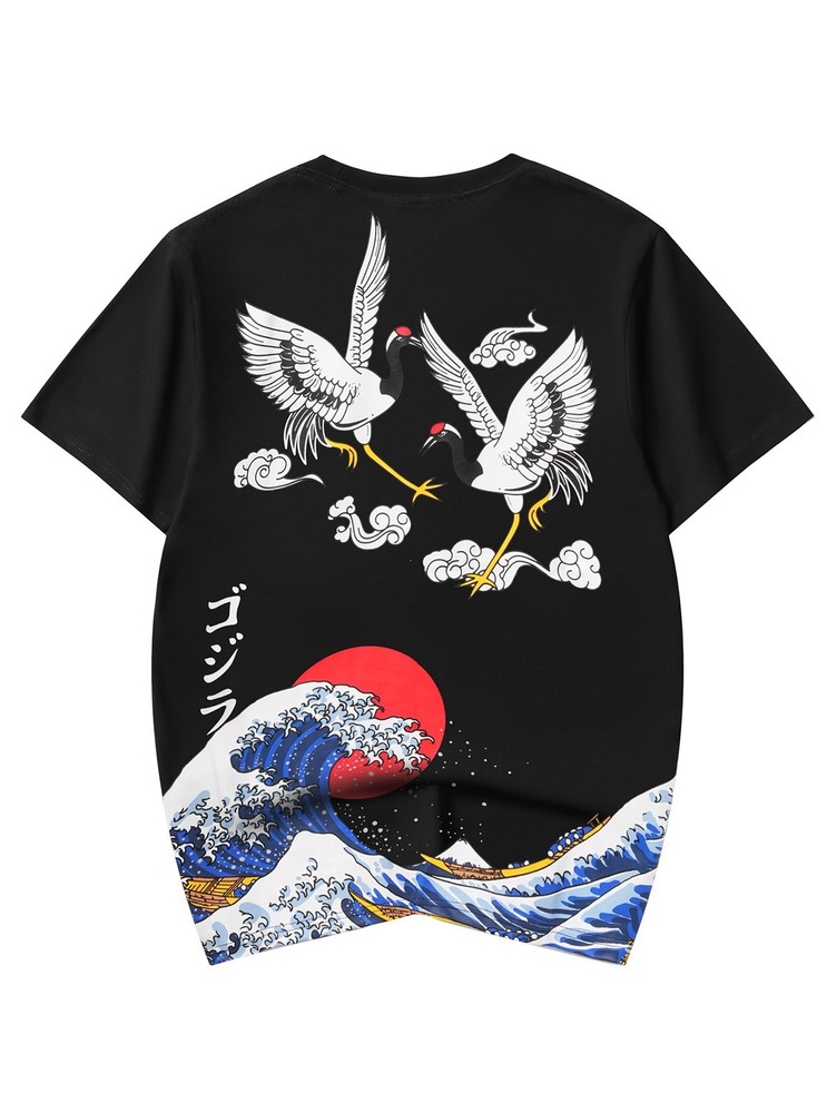 Niepce Men’s Crane and Waves Graphic Tee Japanese Streetwear T-Shirt
