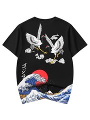 Niepce Men’s Crane and Waves Graphic Tee Japanese Streetwear T-Shirt