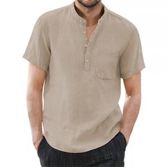 Camiseta Hombre Algodón Lino Manga Corta Color Sólido Verano Cómoda Casual