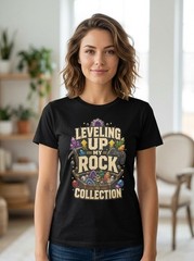 Leveling Up My Rock Collection Gamer Geology Black T-Shirt Crystal Tee