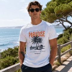 Tropical Beach Paradise Palm Tree Graphic Men’s T-Shirt Summer Vacation Tee