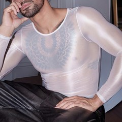 Sexy Lingerie Men’s Oil Shiny Long Sleeve Sheer Tights O Neck Top Shirt