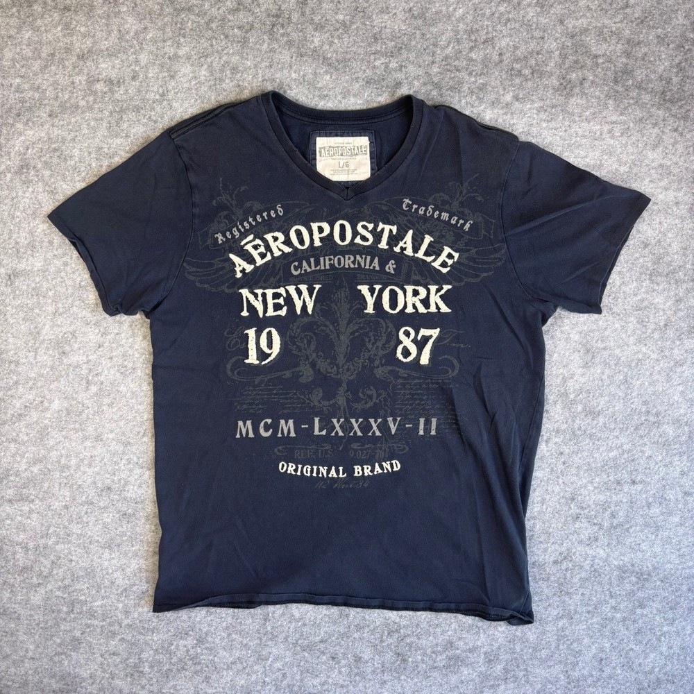 Aeropostale Mens Navy Blue V-Neck Graphic T-Shirt Cotton New York 1987 Large