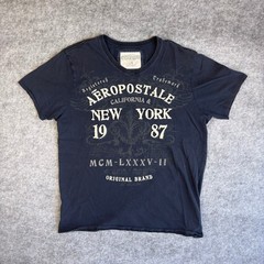 Aeropostale Mens Navy Blue V-Neck Graphic T-Shirt Cotton New York 1987 Large