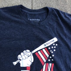 Routine Men Large Short Sleeve Shirt Blue Baseball Bat American Flag