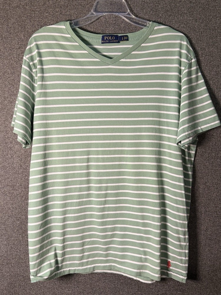 Polo Ralph Lauren Green/White Striped V-Neck Tee Large