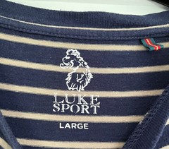 Luke Sport Men’s Navy Beige Striped T-Shirt Large Crew Neck Cotton Modal