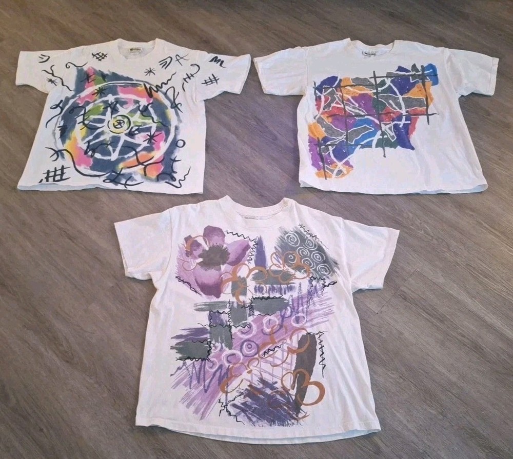 Vintage 90s Jacques Moret Abstract Art T-Shirt AOP Large Graphic Tee