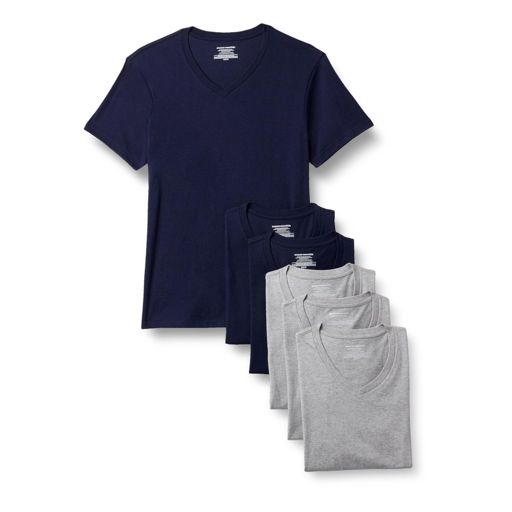 6 Pack Mens Short Sleeves 100% Cotton V-Neck Undershirt,XLarge Grey Heather/Navy