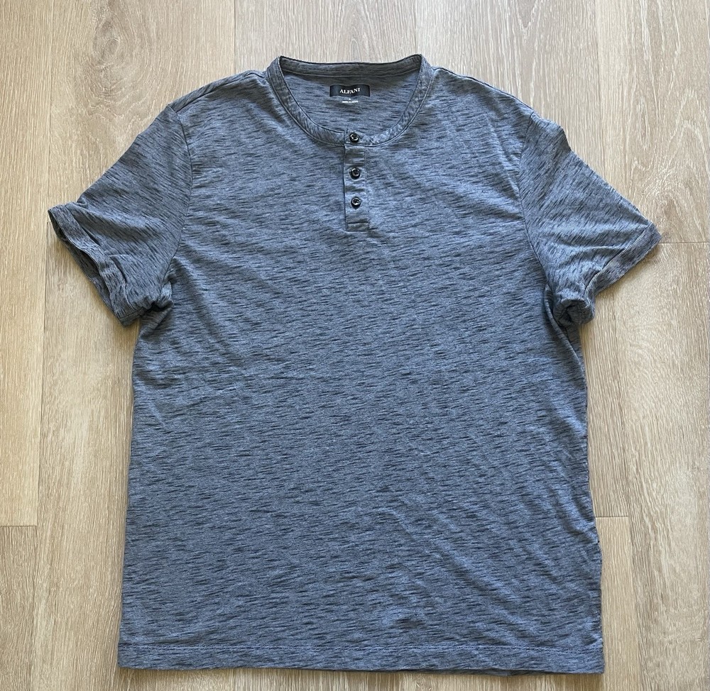 Alfani Mens L Heathered Blue Gray Short Sleeve Stretch Henley Shirt