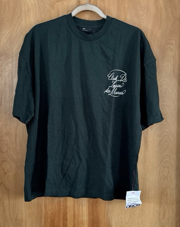 Asos Design Men’s Oversized T-Shirt Tee With Text Graphic Dark Green Size L New