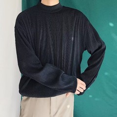 Mens Casual Pleated Drape Half Turtleneck T Shirt for Daily Wear and Commuting