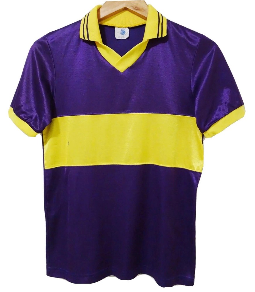 S Vtg 90s Y2K Purple Yellow Striped Acid House Rave Cyber Club Jersey T-Shirt