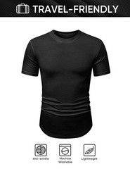 Mens Short Sleeve Black T Shirt Muscle Slim Fitted Summer Longline Stretch Te…