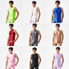 Men’s Sexy Oil Shiny Glossy Sports Muscle T-shirt Slim Elastic Tank Tops Vest