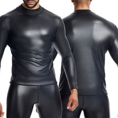 New Men’s Sexy Club Nightclub Leather Slim Long Sleeve Casual T-Shirt Tops