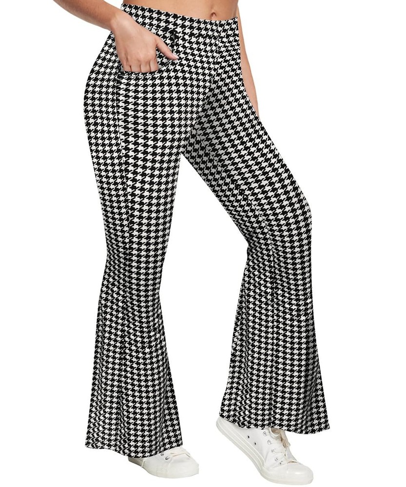 Plus Size Wide Leg Pant Bell Bottom Full Length Black & White Houndstooth Ela…