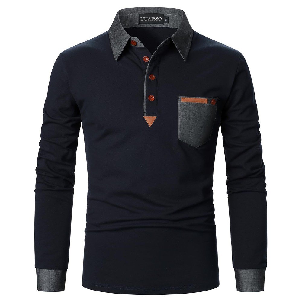 Polo shirt men’s long sleeve polo shirts cotton color sewing pocket TShirt slim…