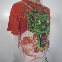 Christian Audigier XL Dragon Shirt Vintage Gold Foil Ink Red White Vintage LA