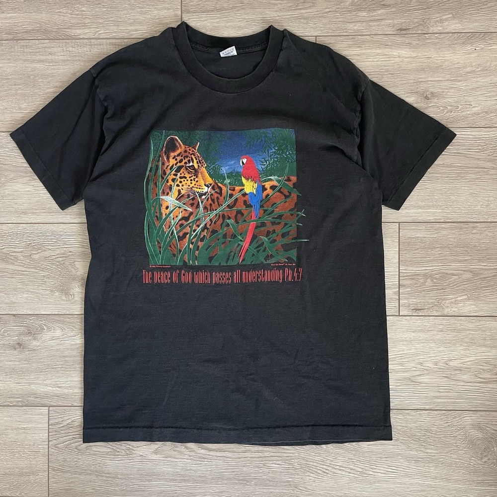 Vintage 1993 Tiger Parrot Nature Jesus T Shirt Therry Chatelian Phil. 4:7 XL