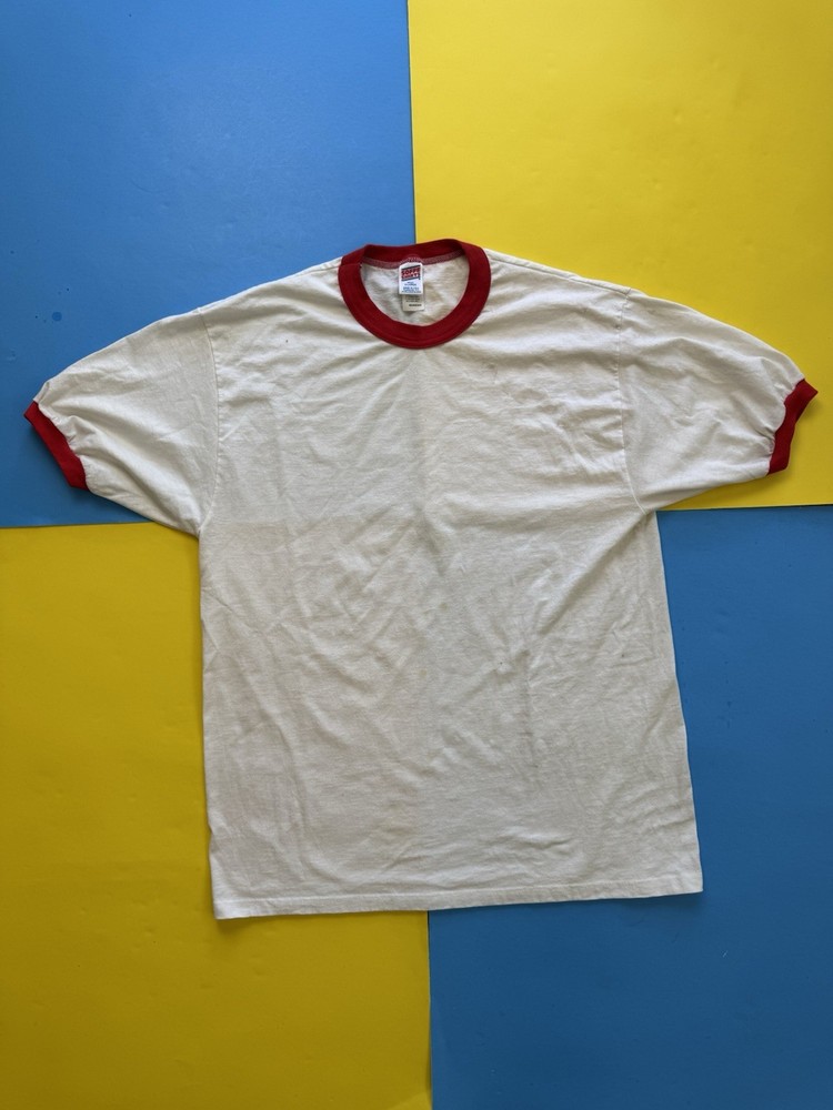 Vintage 90s Ringer T Shirt White Red Crewneck Soffe XL 50/50 USA made Blank