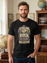 Leveling Up My Rock Collection Gamer Geology Black T-Shirt Crystal Tee