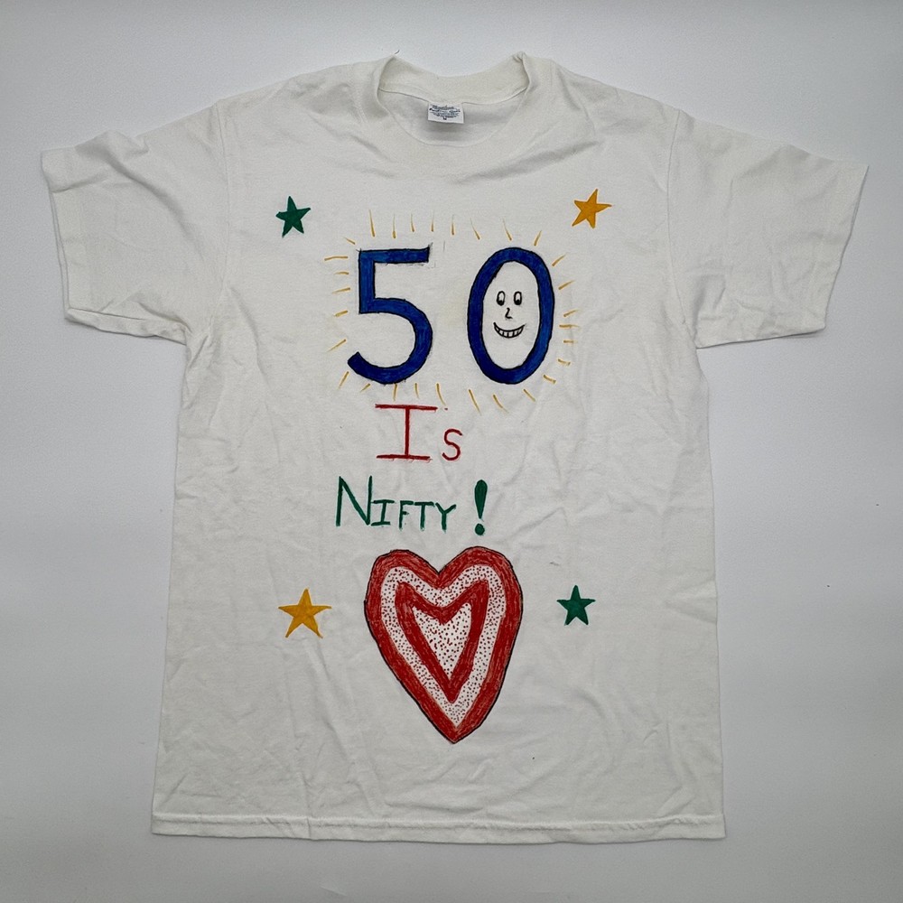 50 Is Nifty Shirt Mens Medium White 50th Birthday Party Graphic Tee Novelty