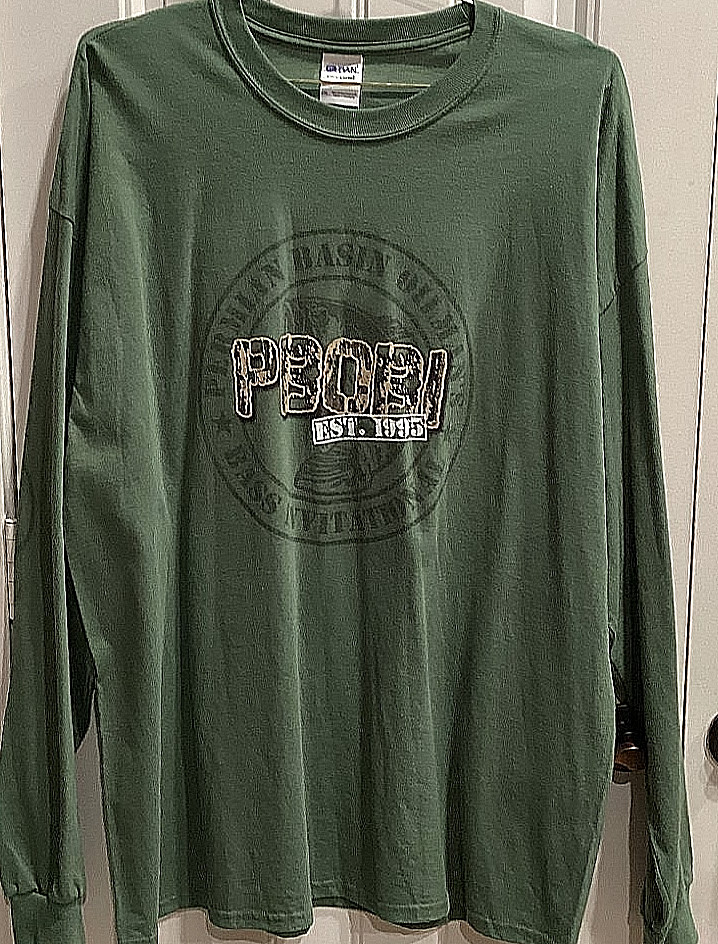 Men Sz 2XL Fishing Shirt Olive Green Oilfield Graphic Long Sleeve Outdoor EUC