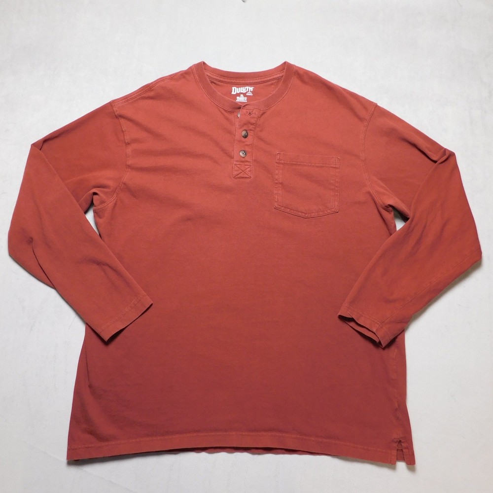 Duluth Trading Co Mens XL Relaxed Fit Longtail T Henley Long Sleeve Shirt Orange