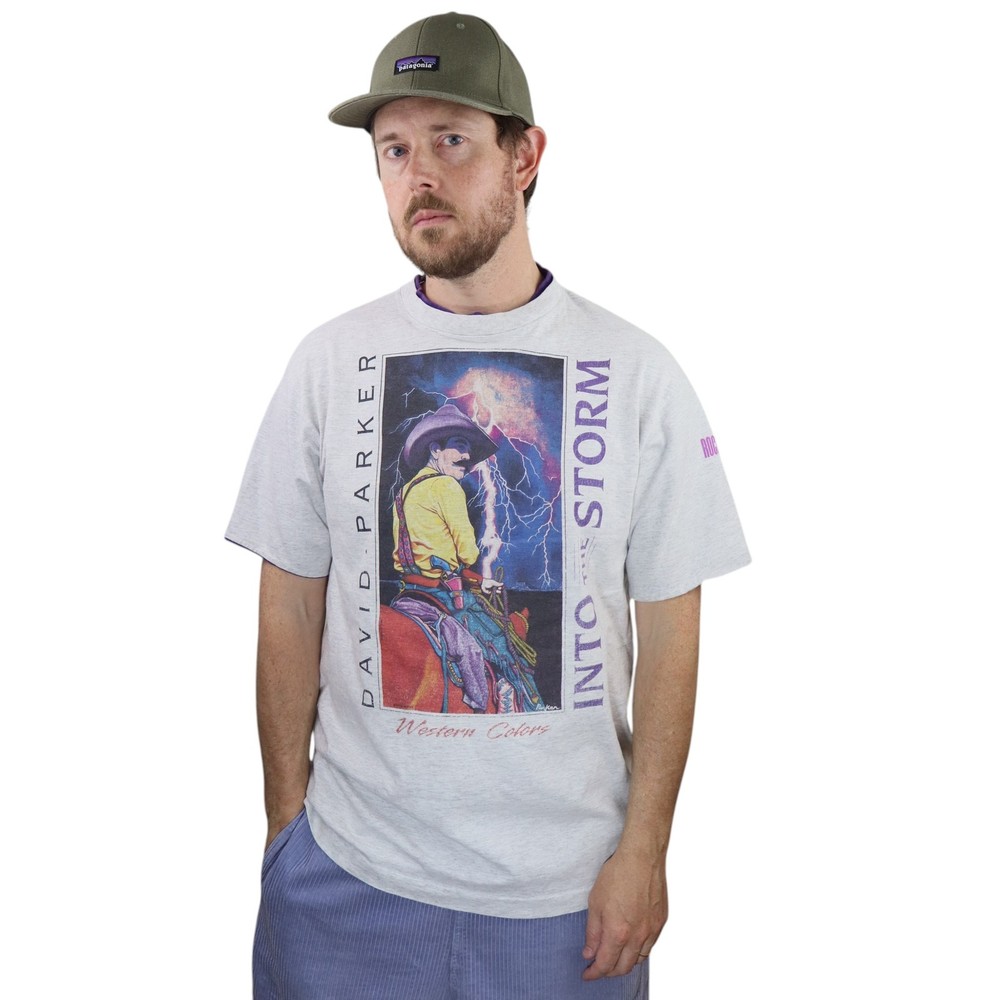 Vintage 90s David Parker Into The Storm T Shirt Mens XL/L Western Art Ringer Tee