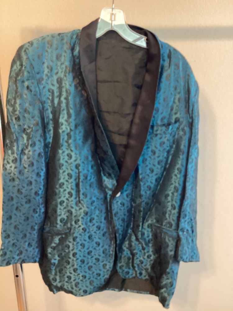 60s Vintage Men’s Silk Brocade Blue Black Tux Dinner Jacket Size 42 MOD Atomic