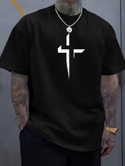 Men T Shirt 100% Cotton Round Neck Short Sleeve Cross Print Plus Size Loose Fit