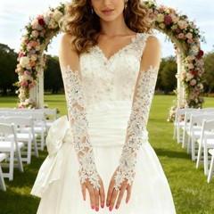 White Lace Rhinestone Fingerless Bridal Glove,Lace Gloves Long,Prom For Weddi…