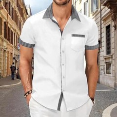 Camisa Con Botones Elegante De Manga Corta Para Hombres Sólida Cuello Levantado