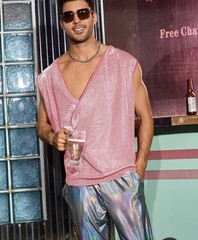 WDIRARA Men’s Glitter Draped Collar T Shirts Cowl Neck Sleeveless Tank Top Pink
