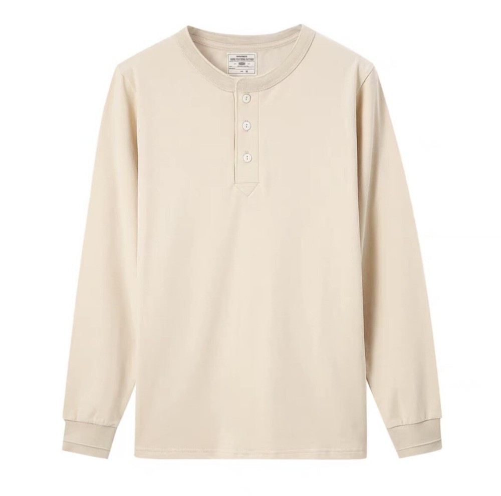 Mens Long Sleeve Henry Shirts Soild Color Heavy Cotton Retro Casual T-Shirts