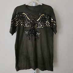 AFFLICTION Y2K Green Tie-Dye Gold Black Foil Velvet Graphic Eagle Shirt Sz L
