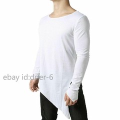 Mens Asymmetric Slit Hem Summer T-shirt Top Tee Long Sleeve Pullover Shirt Hot